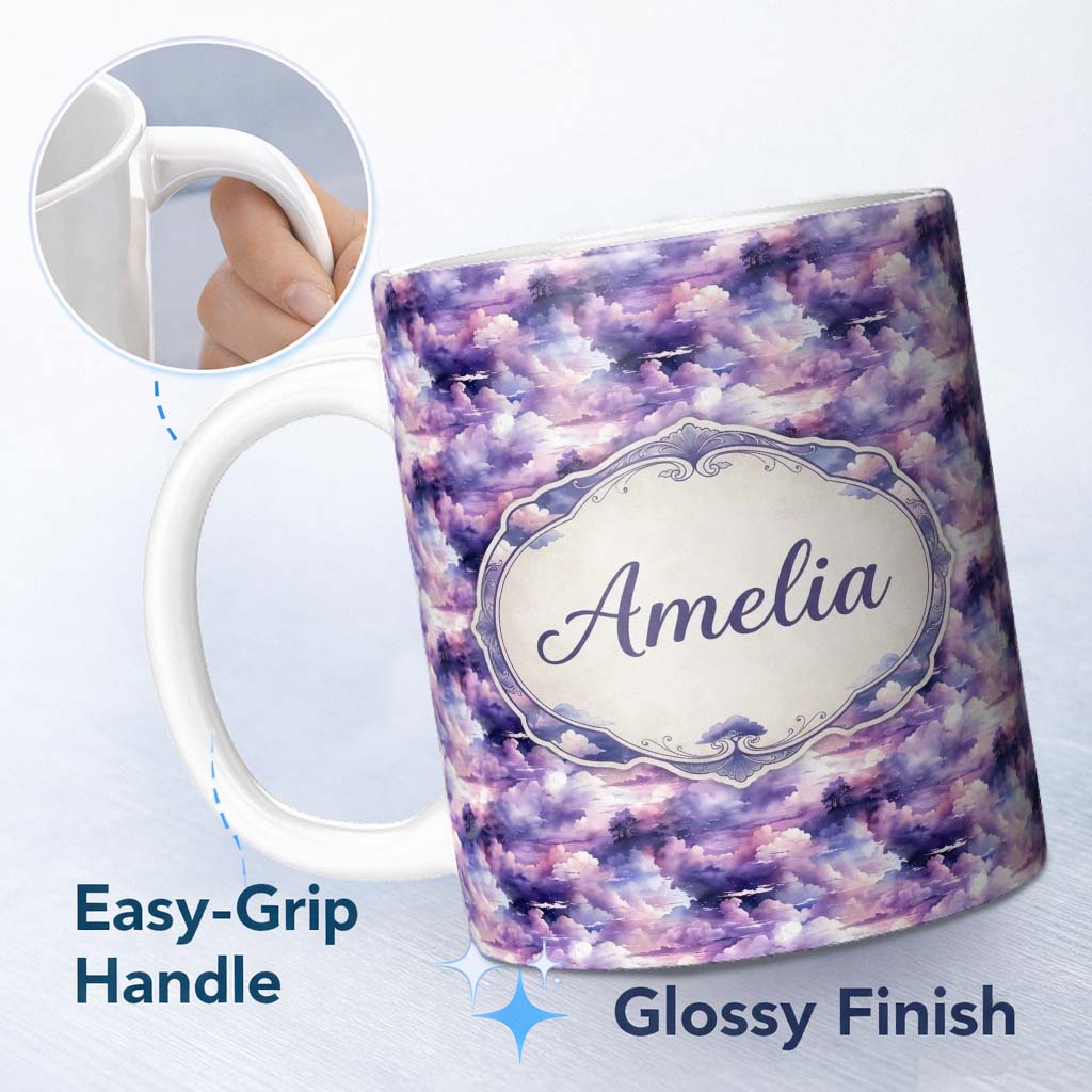 Personalized Custom Name Lavender Dream Clouds Landscape Seamless Pattern Name Cute Unique 11oz Ceramic Coffee Tea Mug White Large Handle