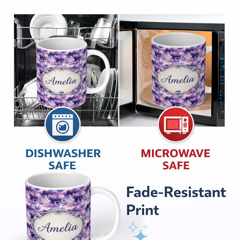 Personalized Custom Name Lavender Dream Clouds Landscape Seamless Pattern Name Cute Unique 11oz Ceramic Coffee Tea Mug White Large Handle