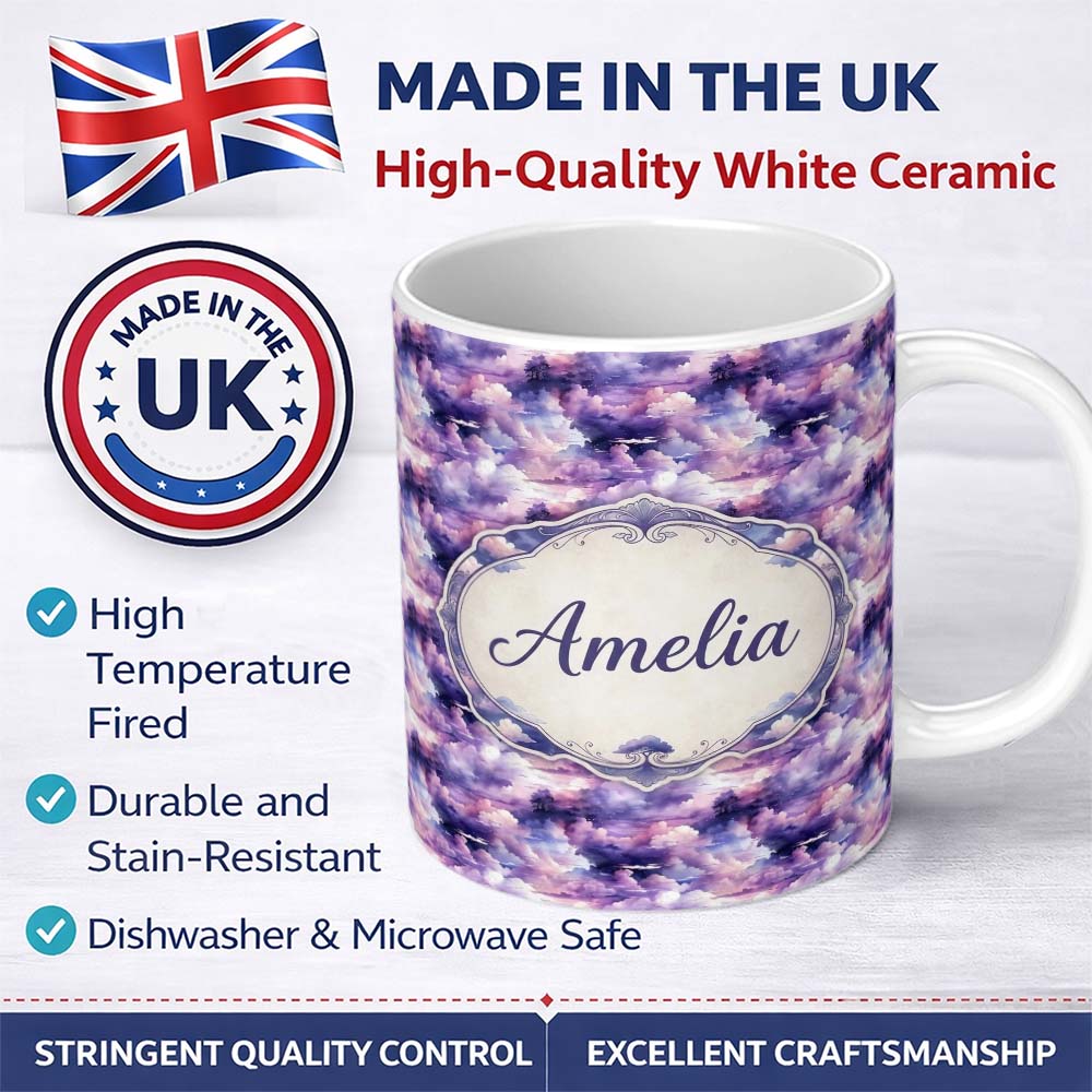 Personalized Custom Name Lavender Dream Clouds Landscape Seamless Pattern Name Cute Unique 11oz Ceramic Coffee Tea Mug White Large Handle