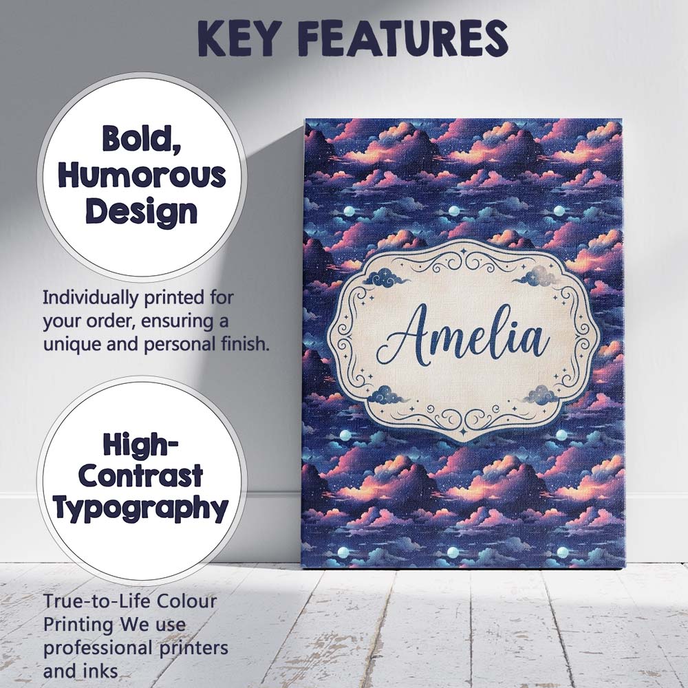 Personalised Name Dark Starry Night Clouds Custom Unique Gift Idea Elegant Feature Canvas Wall Art Print Decor Picture Ready to Hang