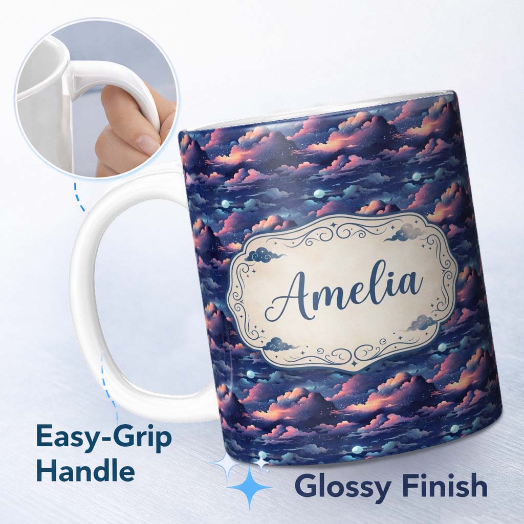 Personalized Custom Name Dark Starry Night Clouds Moon Sky Seamless Pattern Name Cute Unique 11oz Ceramic Coffee Tea Mug White Large Handle