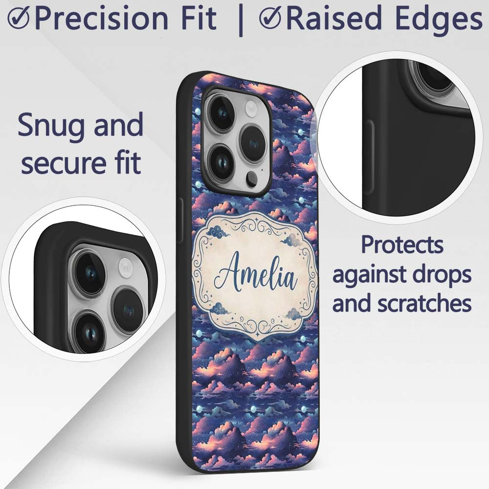 Dark Starry Night Clouds Moon Sky Printed Design Custom Name Protective Phone Case Mobile Cover Durable Everyday Smartphone Shock Resistant