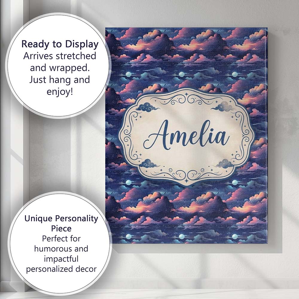 Personalised Name Dark Starry Night Clouds Custom Unique Gift Idea Elegant Feature Canvas Wall Art Print Decor Picture Ready to Hang