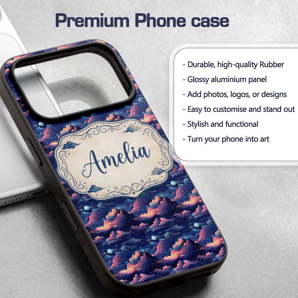 Dark Starry Night Clouds Moon Sky Printed Design Custom Name Protective Phone Case Mobile Cover Durable Everyday Smartphone Shock Resistant