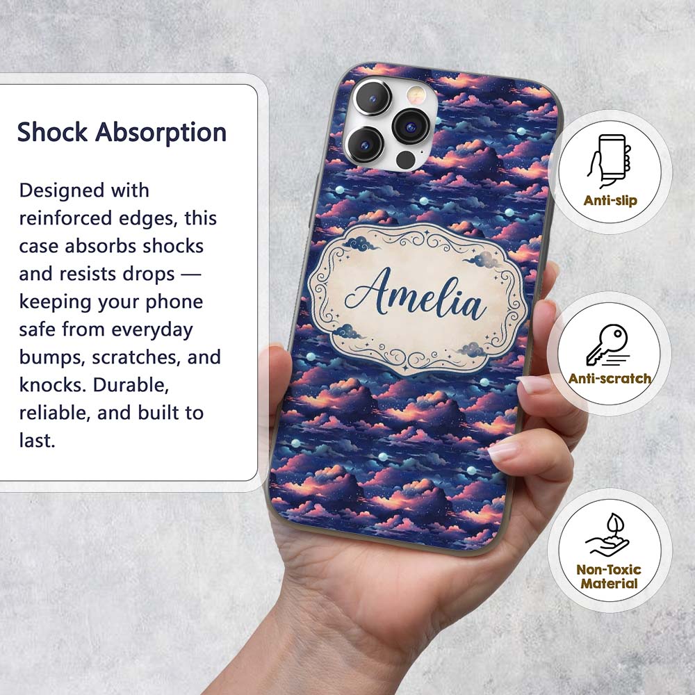 Dark Starry Night Clouds Moon Sky Printed Design Custom Name Protective Phone Case Mobile Cover Durable Everyday Smartphone Shock Resistant