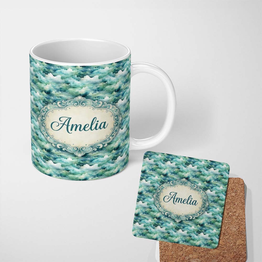 Personalized Custom Name Soft Aqua Watercolor Clouds Sky Seamless Pattern Name Cute Unique 11oz Ceramic Coffee Tea Mug White Large Handle