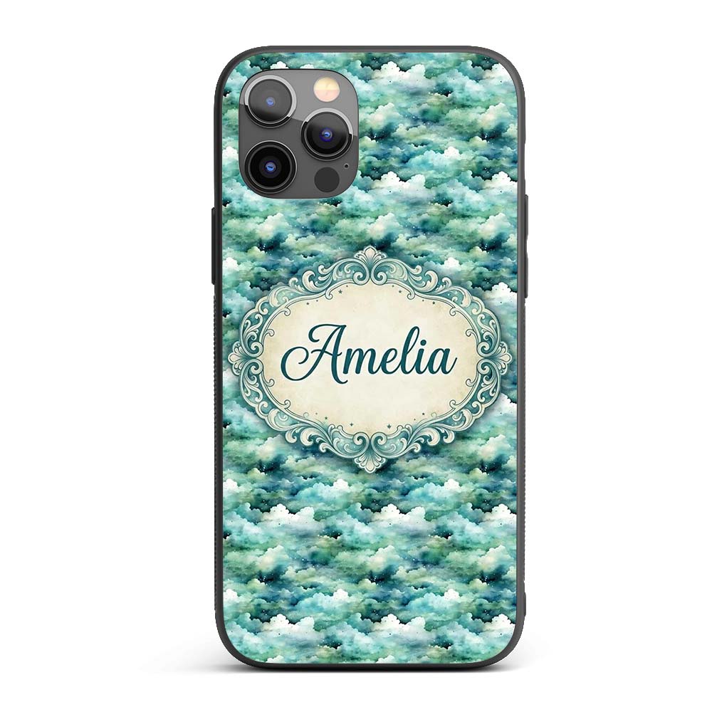 Soft Aqua Watercolor Clouds Sky Seamless Pattern Custom Name Protective Phone Case Mobile Cover Durable Everyday Smartphone Shock Resistant
