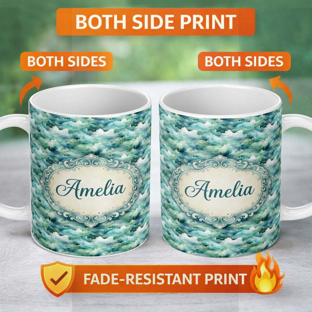 Personalized Custom Name Soft Aqua Watercolor Clouds Sky Seamless Pattern Name Cute Unique 11oz Ceramic Coffee Tea Mug White Large Handle