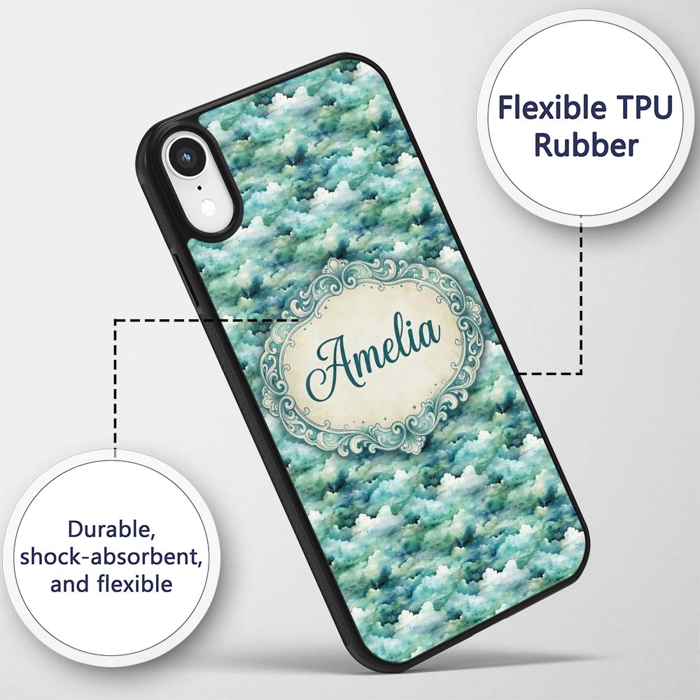 Soft Aqua Watercolor Clouds Sky Seamless Pattern Custom Name Protective Phone Case Mobile Cover Durable Everyday Smartphone Shock Resistant