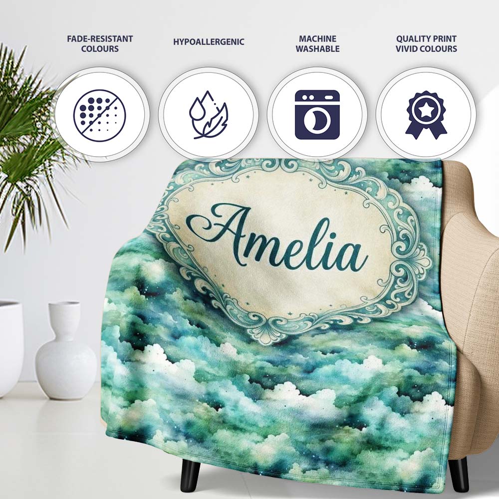 Soft Aqua Watercolor Clouds Sky Seamless Pattern Name Cute Unique Personalised Custom Name Super Soft Fleece Blanket Bed Sofa Throw