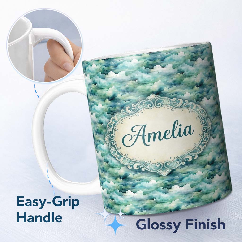 Personalized Custom Name Soft Aqua Watercolor Clouds Sky Seamless Pattern Name Cute Unique 11oz Ceramic Coffee Tea Mug White Large Handle