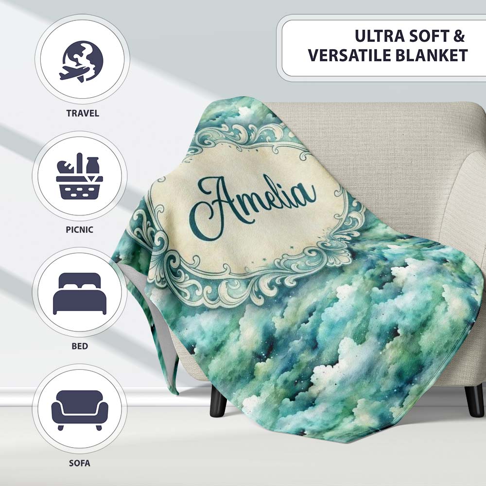 Soft Aqua Watercolor Clouds Sky Seamless Pattern Name Cute Unique Personalised Custom Name Super Soft Fleece Blanket Bed Sofa Throw