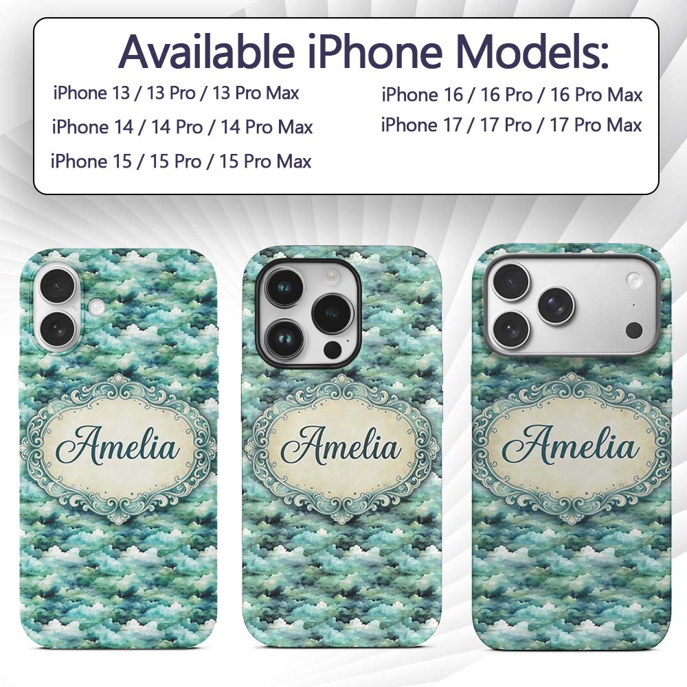Soft Aqua Watercolor Clouds Sky Seamless Pattern Custom Name Protective Phone Case Mobile Cover Durable Everyday Smartphone Shock Resistant