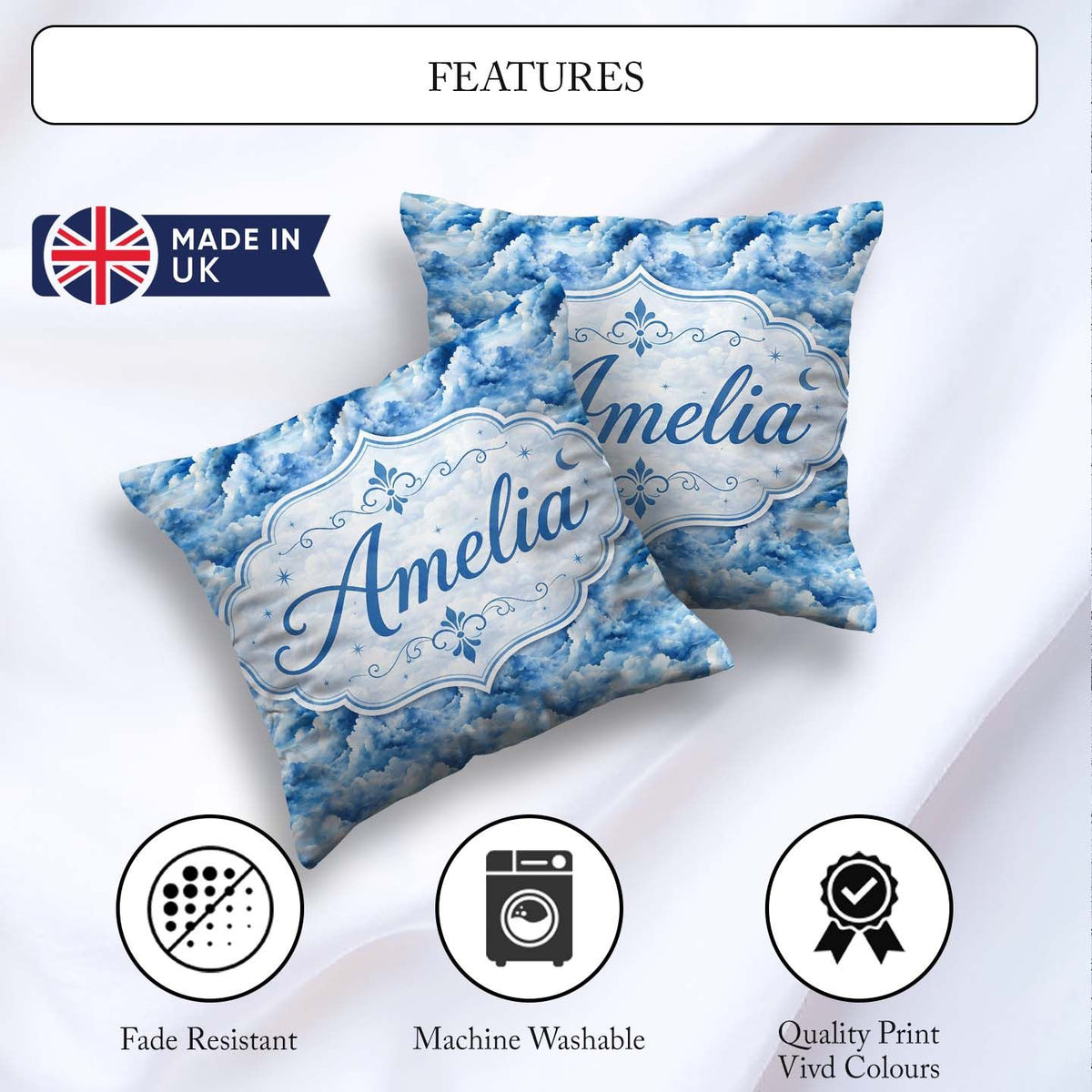 Custom Name Blue Realistic Clouds Sky Seamless Pattern Name Cute Square Filled Cushion Throw Pillow Sofa Bed Home Decor Zip Washable UK Made