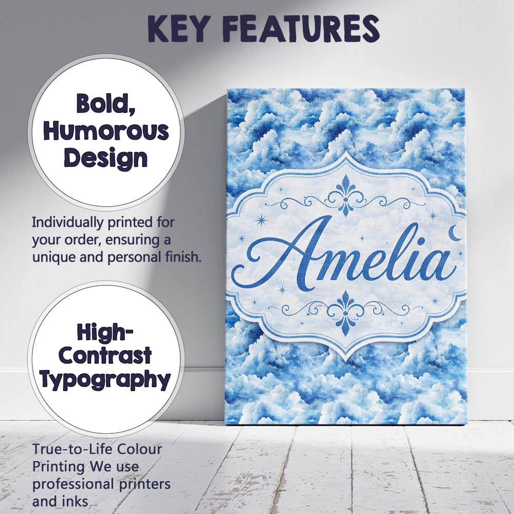 Personalised Name Blue White Realistic Custom Modern Room Accent Elegant Feature Canvas Wall Art Print Decor Picture Ready to Hang