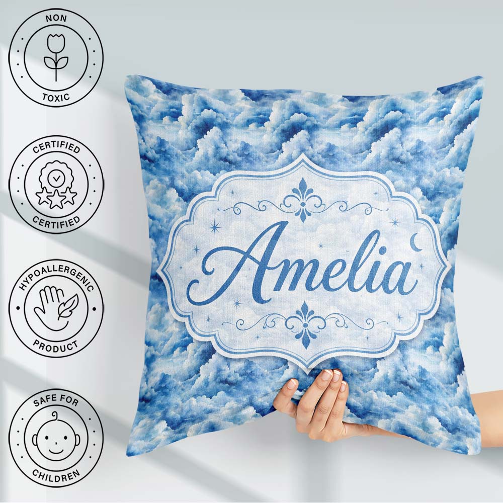 Custom Name Blue Realistic Clouds Sky Seamless Pattern Name Cute Square Filled Cushion Throw Pillow Sofa Bed Home Decor Zip Washable UK Made