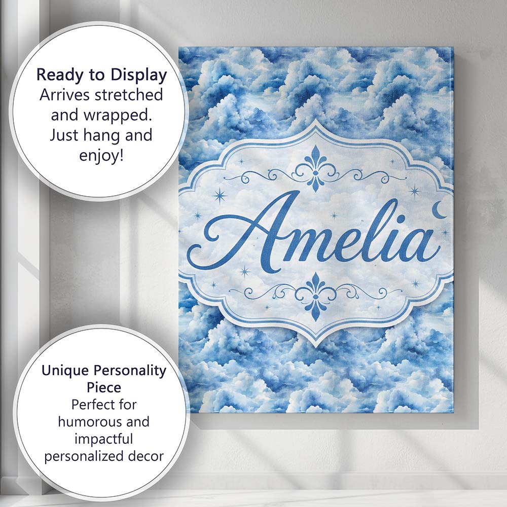 Personalised Name Blue White Realistic Custom Modern Room Accent Elegant Feature Canvas Wall Art Print Decor Picture Ready to Hang