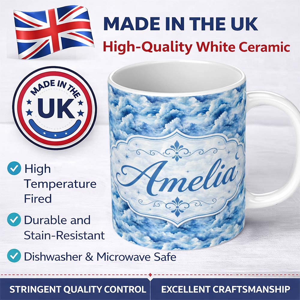 Personalized Custom Name Blue White Realistic Clouds Sky Seamless Pattern Name Cute Unique 11oz Ceramic Coffee Tea Mug White Large Handle