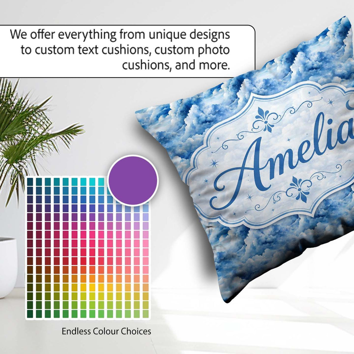 Custom Name Blue Realistic Clouds Sky Seamless Pattern Name Cute Square Filled Cushion Throw Pillow Sofa Bed Home Decor Zip Washable UK Made