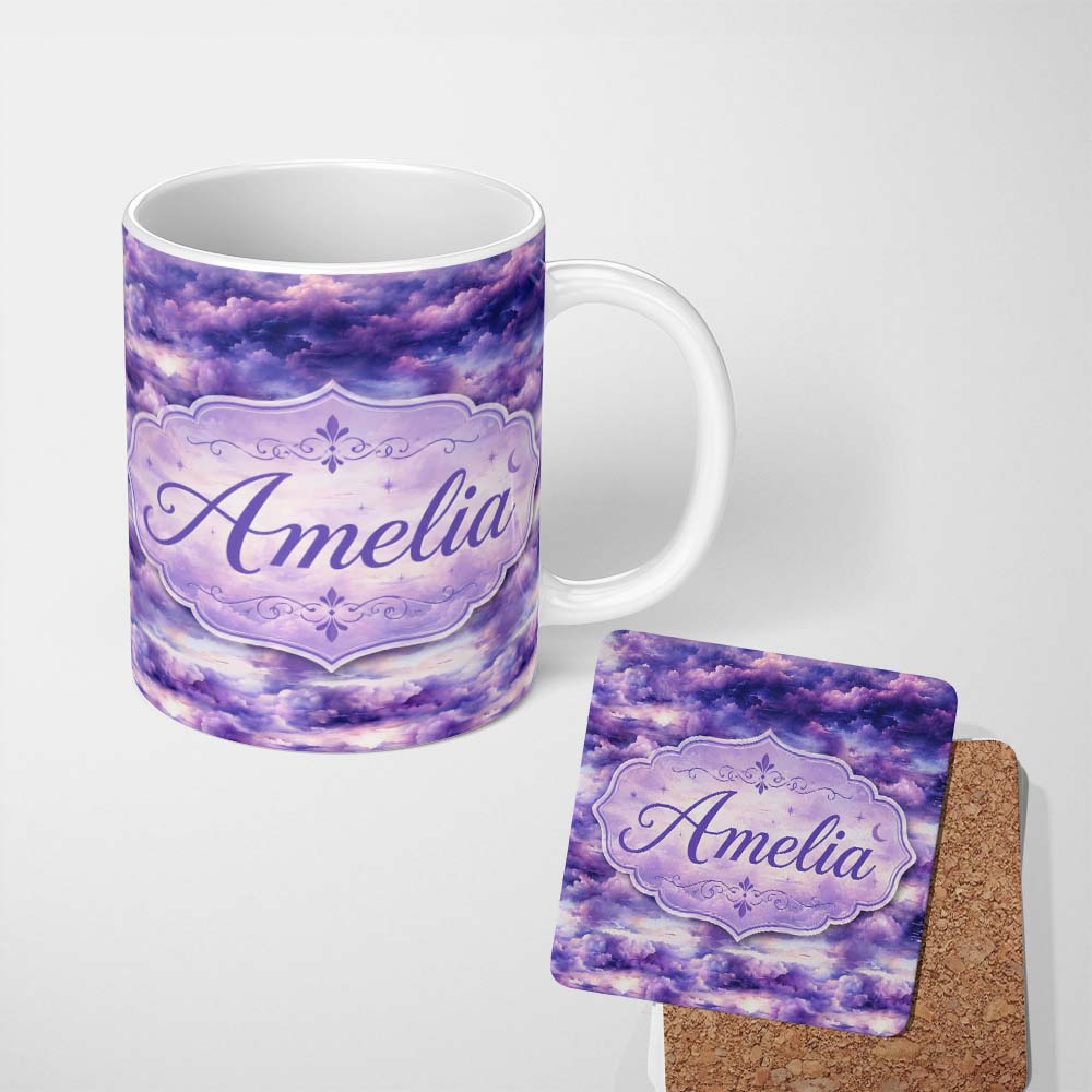 Personalized Custom Name Purple Pastel Sunset Clouds Sky Seamless Pattern Name Cute Unique 11oz Ceramic Coffee Tea Mug White Large Handle