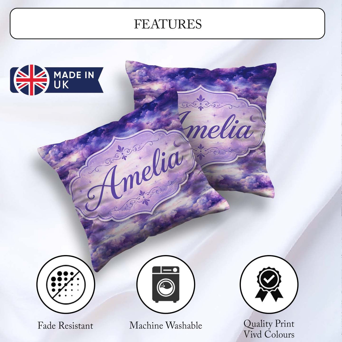 Custom Name Purple Pastel Sunset Sky Seamless Pattern Name Cute Square Filled Cushion Throw Pillow Sofa Bed Home Decor Zip Washable UK Made