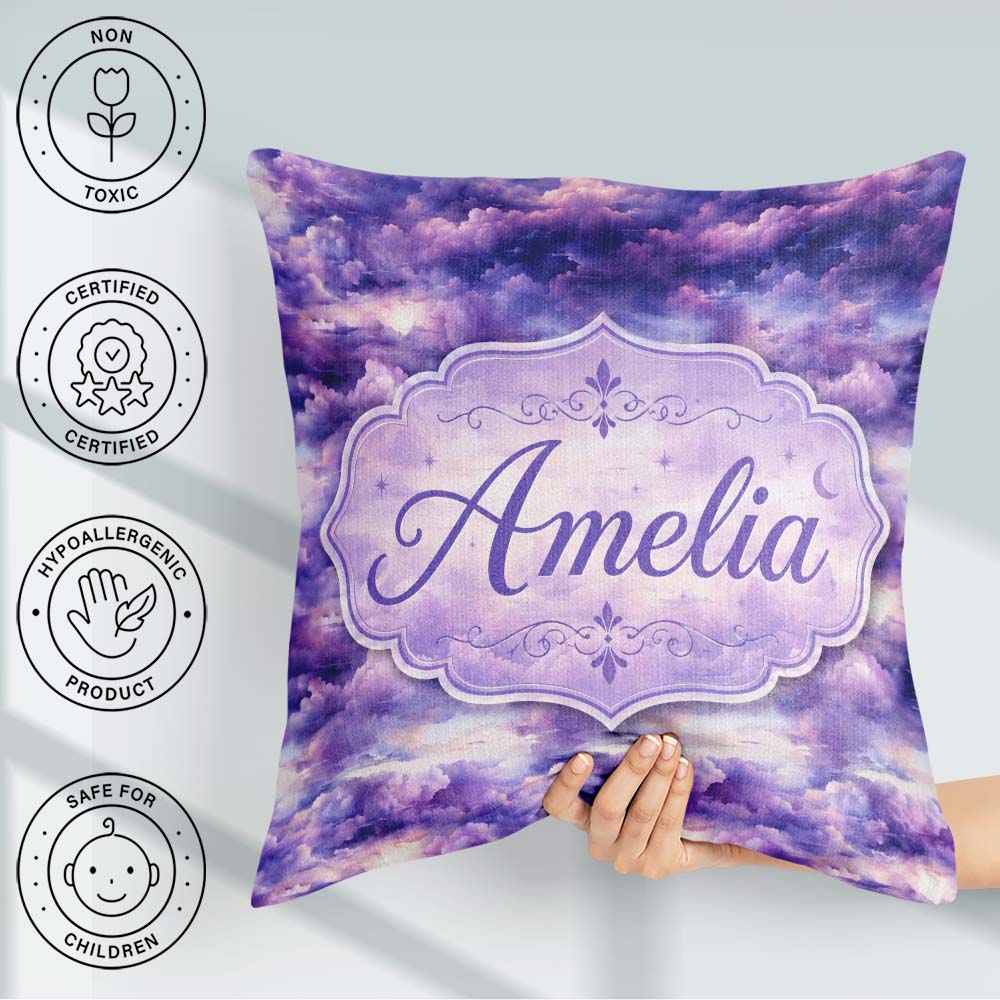 Custom Name Purple Pastel Sunset Sky Seamless Pattern Name Cute Square Filled Cushion Throw Pillow Sofa Bed Home Decor Zip Washable UK Made