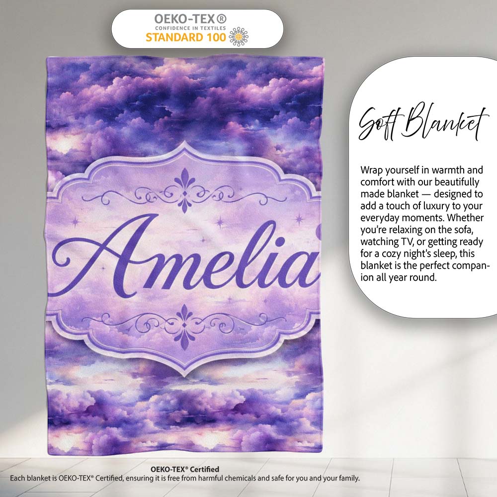 Purple Pastel Sunset Clouds Sky Seamless Pattern Name Cute Unique Personalised Custom Name Super Soft Fleece Blanket Bed Sofa Throw