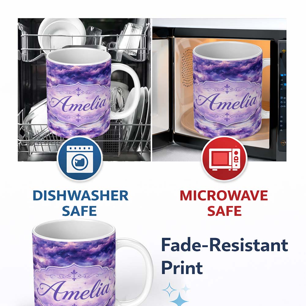 Personalized Custom Name Purple Pastel Sunset Clouds Sky Seamless Pattern Name Cute Unique 11oz Ceramic Coffee Tea Mug White Large Handle