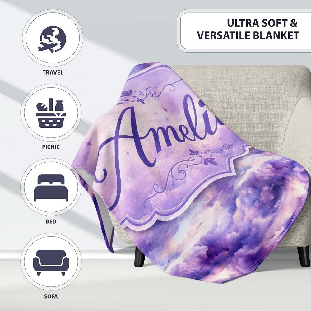 Purple Pastel Sunset Clouds Sky Seamless Pattern Name Cute Unique Personalised Custom Name Super Soft Fleece Blanket Bed Sofa Throw