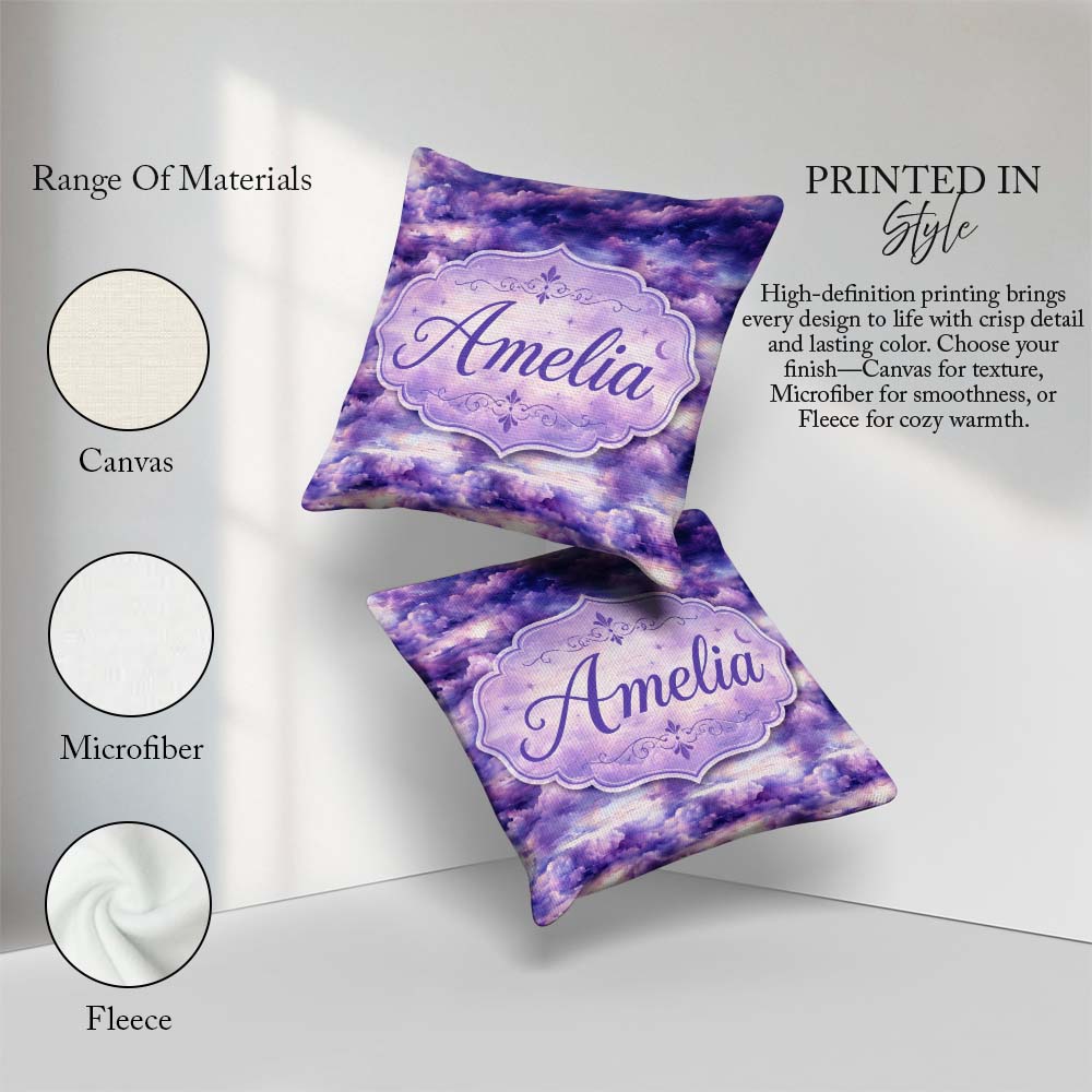 Custom Name Purple Pastel Sunset Sky Seamless Pattern Name Cute Square Filled Cushion Throw Pillow Sofa Bed Home Decor Zip Washable UK Made
