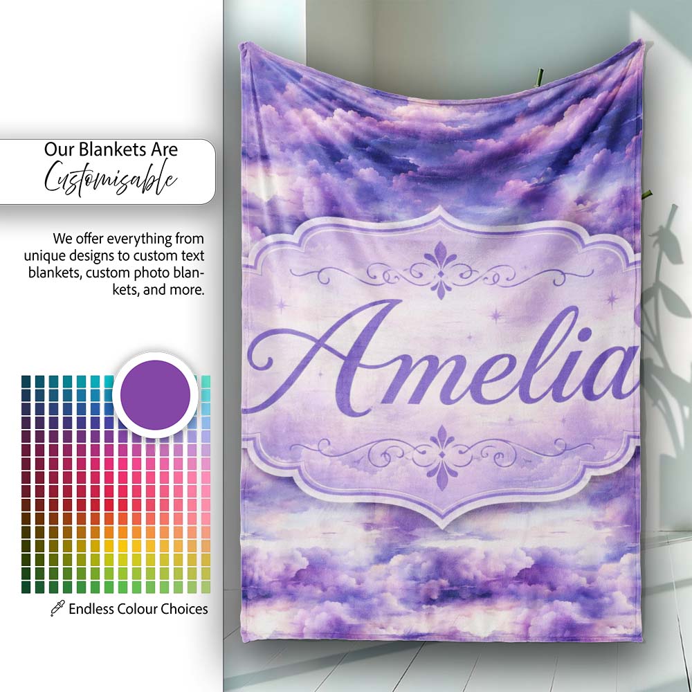Purple Pastel Sunset Clouds Sky Seamless Pattern Name Cute Unique Personalised Custom Name Super Soft Fleece Blanket Bed Sofa Throw