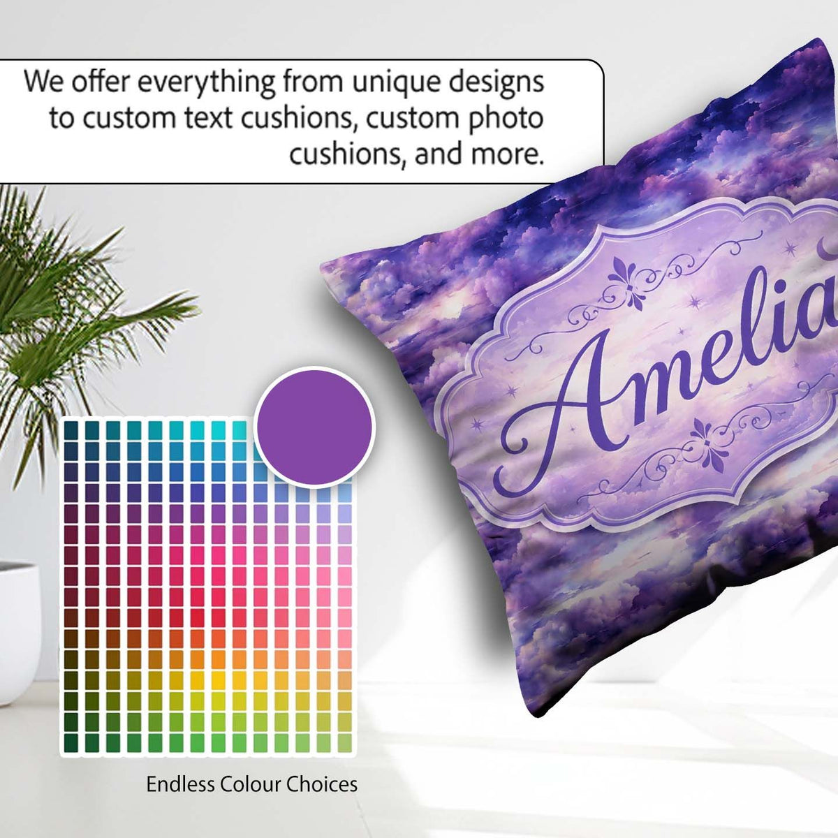 Custom Name Purple Pastel Sunset Sky Seamless Pattern Name Cute Square Filled Cushion Throw Pillow Sofa Bed Home Decor Zip Washable UK Made