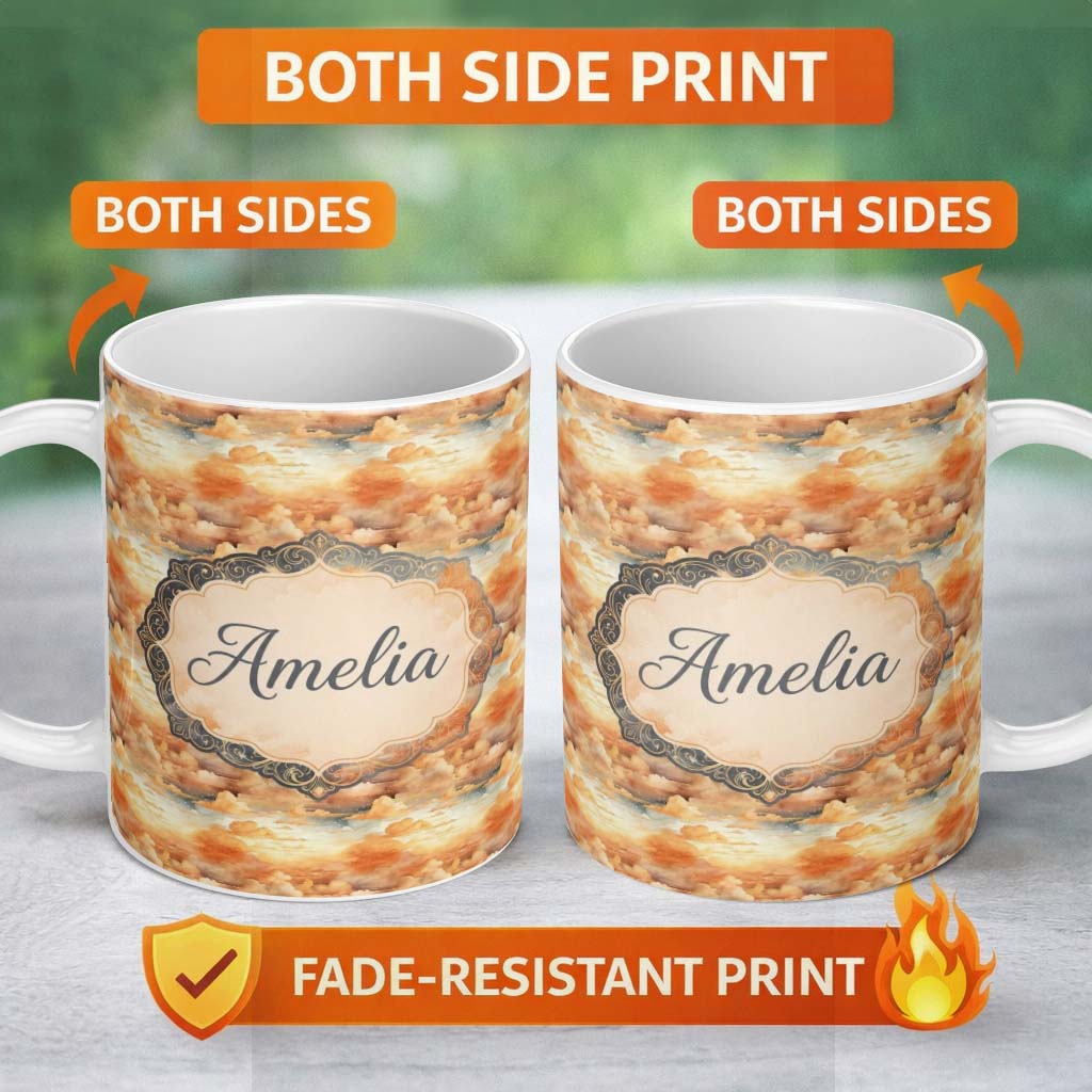 Personalized Custom Name Warm Sunset Orange Clouds Sky Seamless Pattern Name Cute Unique Gift 11oz Ceramic Coffee Tea Mug White Large Handle