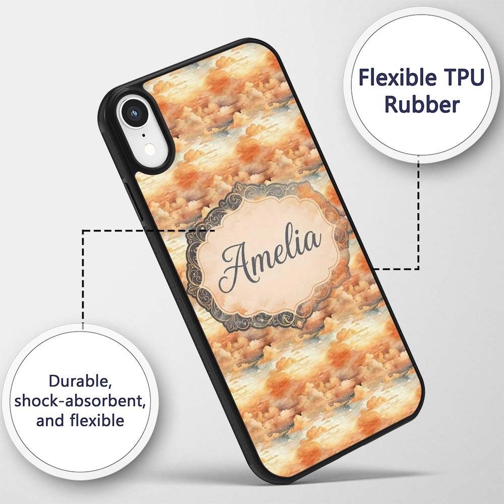 Warm Sunset Orange Clouds Sky Seamless Pattern Custom Name Protective Phone Case Mobile Cover Durable Everyday Smartphone Shock Resistant