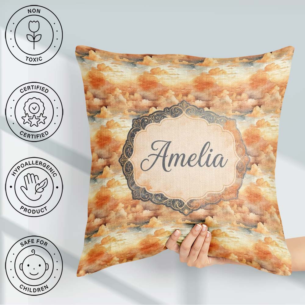 Custom Name Warm Sunset Orange Clouds Sky Seamless Pattern Name Square Filled Cushion Throw Pillow Sofa Bed Home Decor Zip Washable UK Made