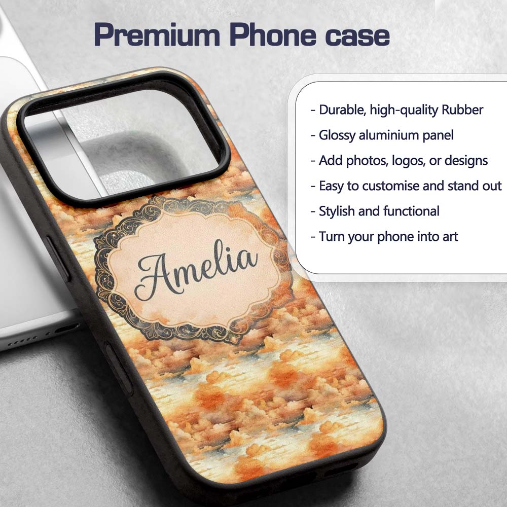 Warm Sunset Orange Clouds Sky Seamless Pattern Custom Name Protective Phone Case Mobile Cover Durable Everyday Smartphone Shock Resistant