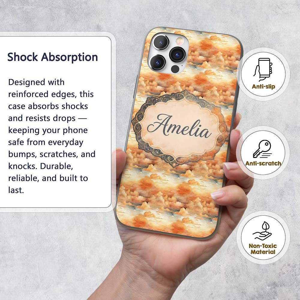 Warm Sunset Orange Clouds Sky Seamless Pattern Custom Name Protective Phone Case Mobile Cover Durable Everyday Smartphone Shock Resistant