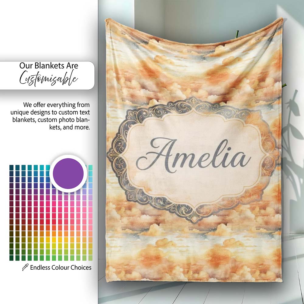 Warm Sunset Orange Clouds Sky Seamless Pattern Name Cute Unique Gift Personalised Custom Name Super Soft Fleece Blanket Bed Sofa Throw