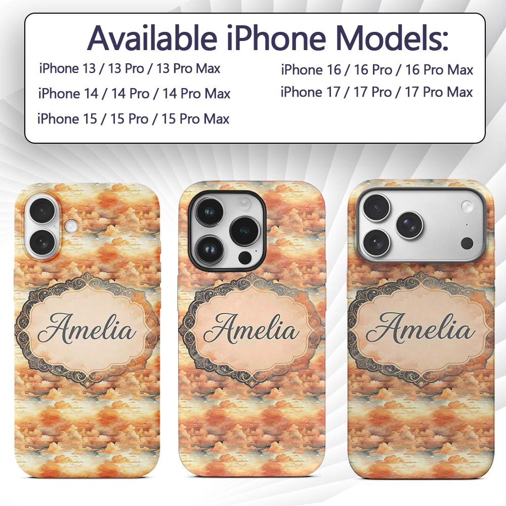 Warm Sunset Orange Clouds Sky Seamless Pattern Custom Name Protective Phone Case Mobile Cover Durable Everyday Smartphone Shock Resistant