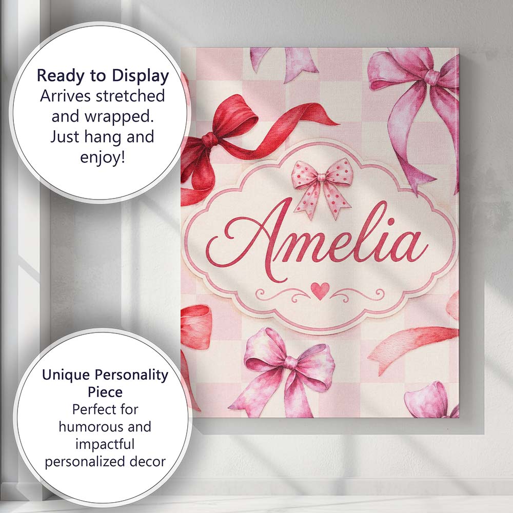 Personalised Name Watercolor Ribbon Bow Custom Modern Room Accent Elegant Feature Canvas Wall Art Print Decor Picture Ready to Hang