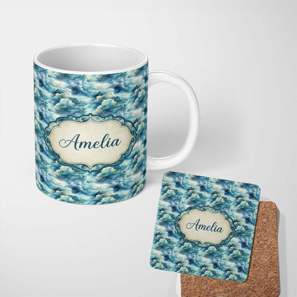 Personalized Custom Name Deep Blue Ocean Clouds Sky Seamless Pattern Name Cute Unique Gift 11oz Ceramic Coffee Tea Mug White Large Handle