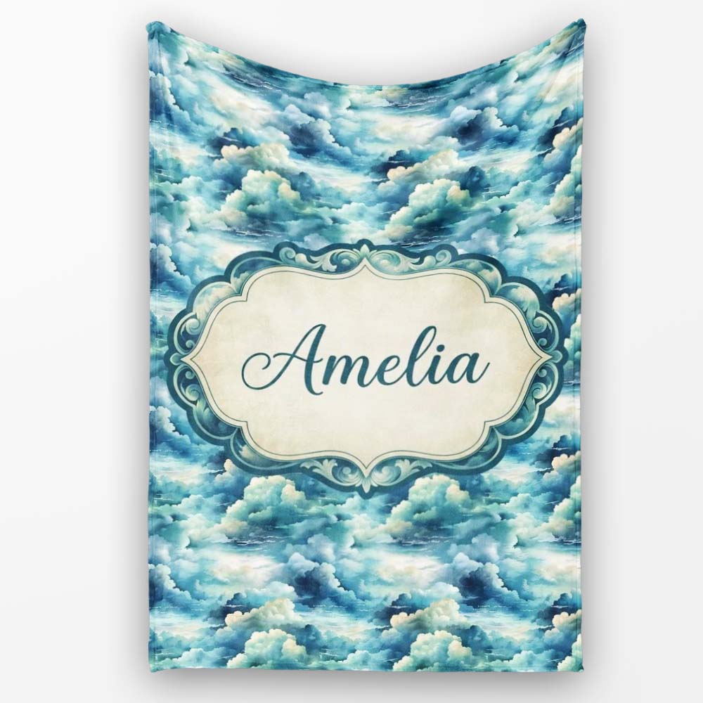 Deep Blue Ocean Clouds Sky Seamless Pattern Name Cute Unique Gift Personalised Custom Name Super Soft Fleece Blanket Bed Sofa Throw