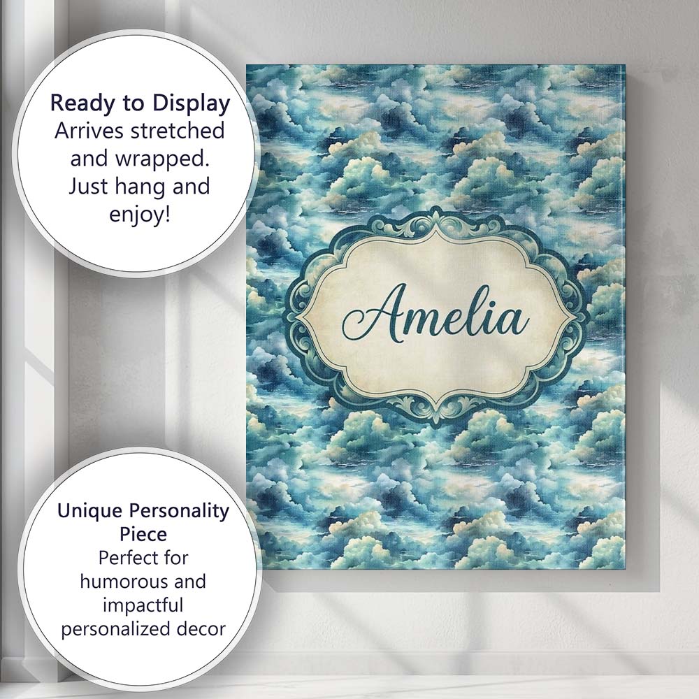 Personalised Name Deep Blue Ocean Clouds Custom Unique Gift Idea Elegant Feature Canvas Wall Art Print Decor Picture Ready to Hang