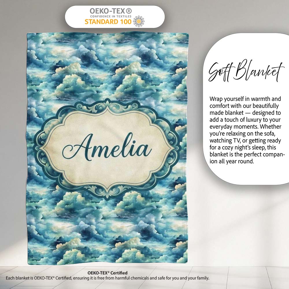 Deep Blue Ocean Clouds Sky Seamless Pattern Name Cute Unique Gift Personalised Custom Name Super Soft Fleece Blanket Bed Sofa Throw
