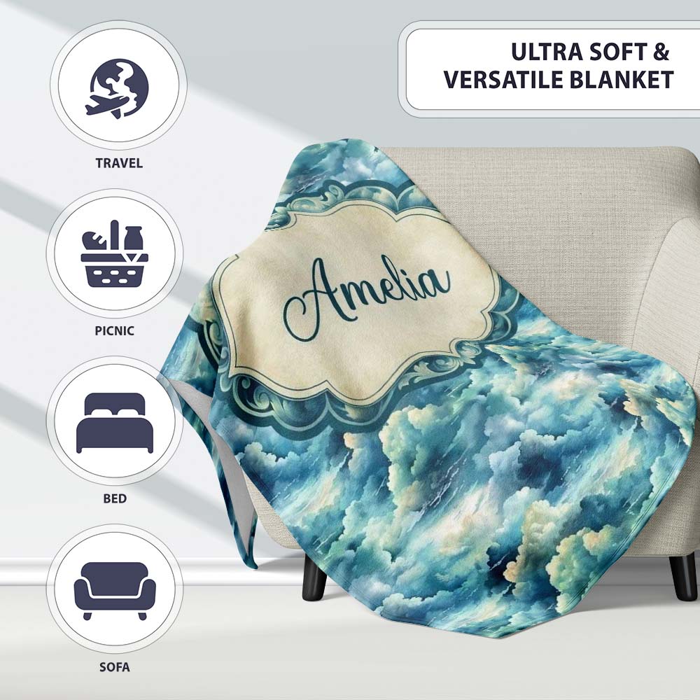 Deep Blue Ocean Clouds Sky Seamless Pattern Name Cute Unique Gift Personalised Custom Name Super Soft Fleece Blanket Bed Sofa Throw