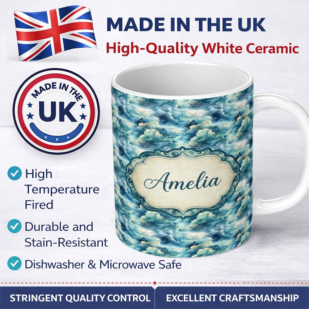 Personalized Custom Name Deep Blue Ocean Clouds Sky Seamless Pattern Name Cute Unique Gift 11oz Ceramic Coffee Tea Mug White Large Handle
