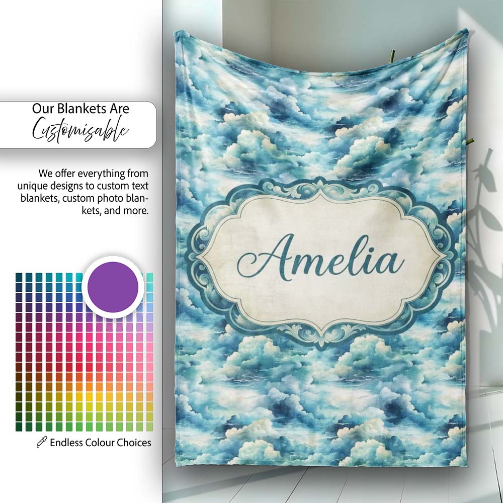 Deep Blue Ocean Clouds Sky Seamless Pattern Name Cute Unique Gift Personalised Custom Name Super Soft Fleece Blanket Bed Sofa Throw