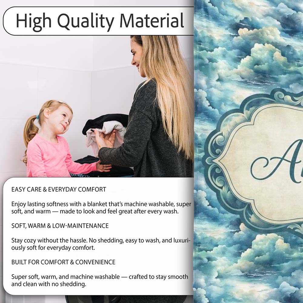 Deep Blue Ocean Clouds Sky Seamless Pattern Name Cute Unique Gift Personalised Custom Name Super Soft Fleece Blanket Bed Sofa Throw