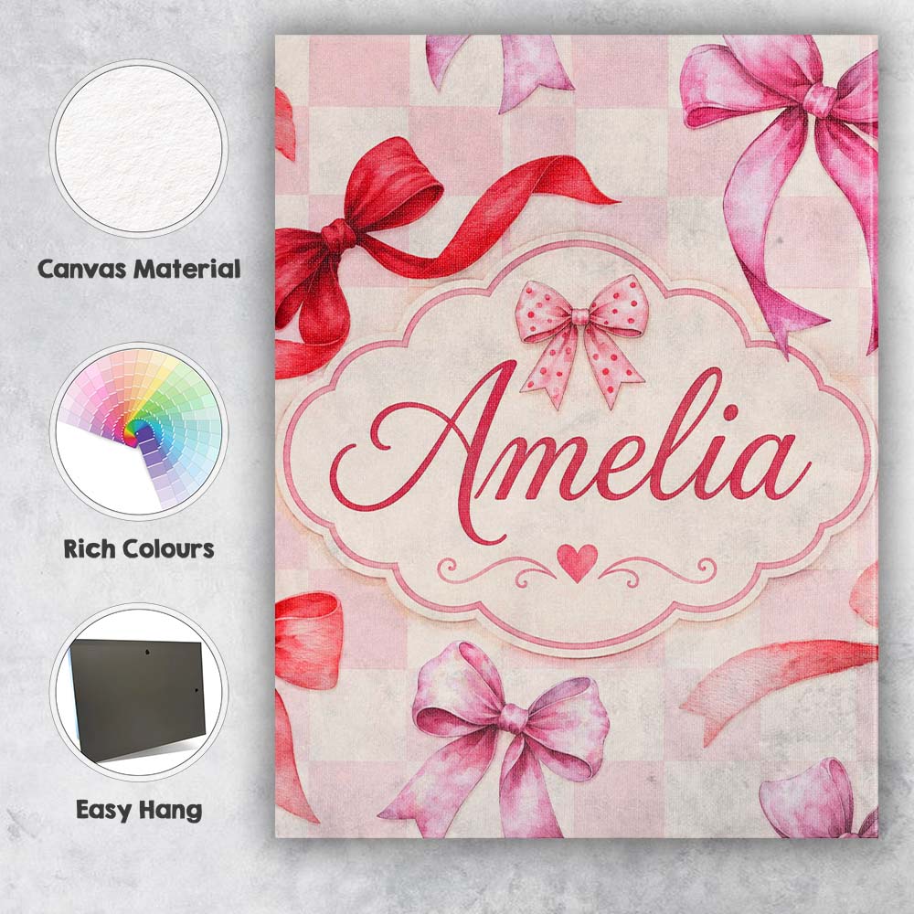 Personalised Name Watercolor Ribbon Bow Custom Modern Room Accent Elegant Feature Canvas Wall Art Print Decor Picture Ready to Hang