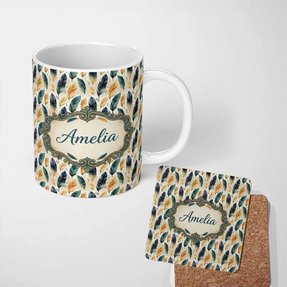 Personalized Custom Name Elegant Feather Leaves Boho Seamless Pattern Name Cute Unique Gift 11oz Ceramic Coffee Tea Mug White Large Handle